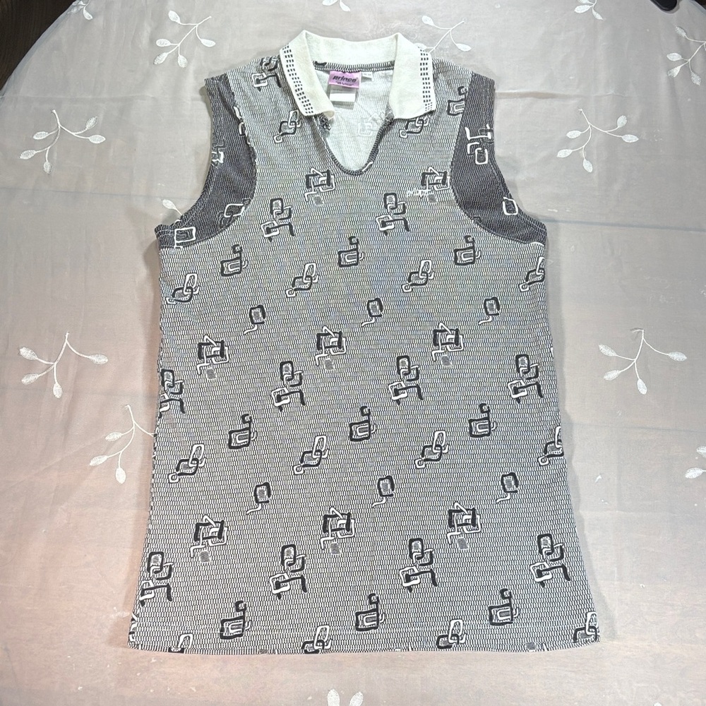 Vintage Prince SportsWeat Gray and White Patterned Sleeveless T-Shirt Polo